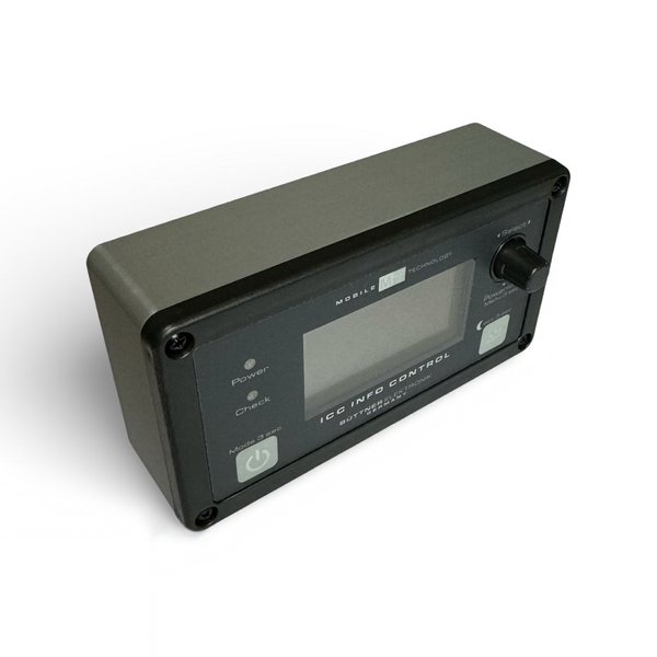 Aufputzgehäuse für Dometic Büttner MT ICC InfoControl ICC‑1600 & ICC‑3000, Frontansicht – schwarz‑graues Kunststoff‑Gehäuse mit beleuchtetem LC‑Display, Einstellrad und Status‑LEDs