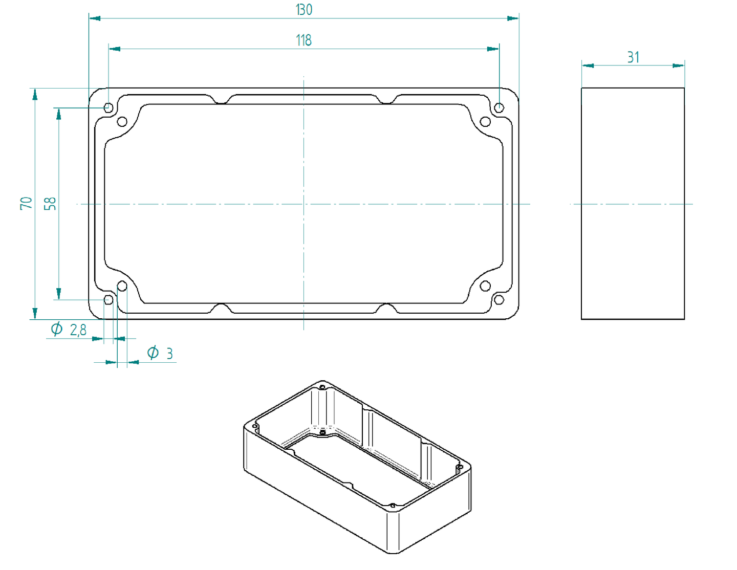 Technische Zeichnung und isometrische 3D‑Ansicht des Dometic Büttner MT ICC InfoControl ICC‑1600/ICC‑3000 Aufputzgehäuses, Maße 130×70×31 mm, Bohrungen Ø2,8 mm/3 mm