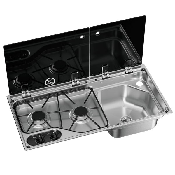 Dometic CVC1700G RH – 2-flammiges Kochfeld mit Spüle und Glasdeckel, kompakte Edelstahl-Kombination für Wohnmobil oder Caravan, 700 x 350 mm